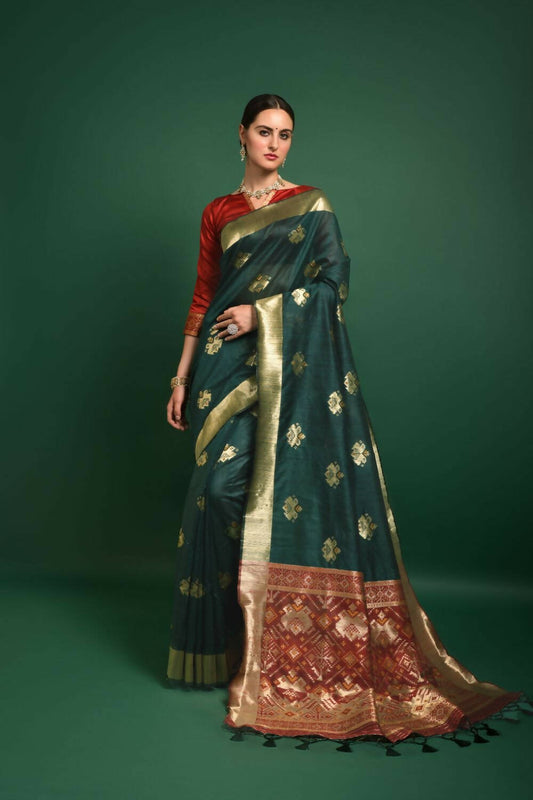 Vishnu Weaves Women's Bottle Green Tussar Silk Zari Woven Saree with Blouse - Swadesiicart