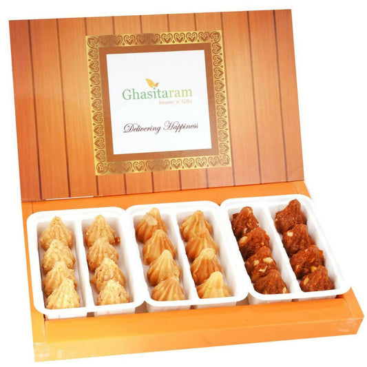 Ghasitaram Assorted Box of Milk Cake, Dodha Barfi, Mysore Pak Modaks | Swadesiicart
