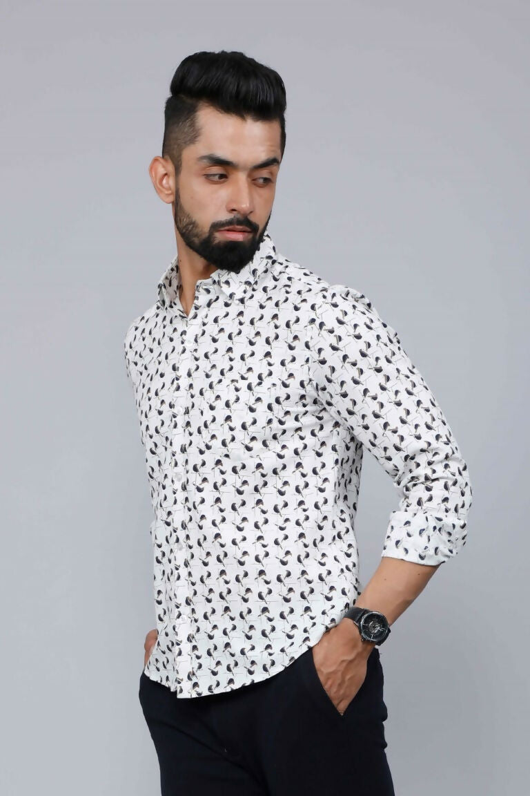 Miravan Men's White Spread Collar Bird Print Casual Shirt | Swadesiicart