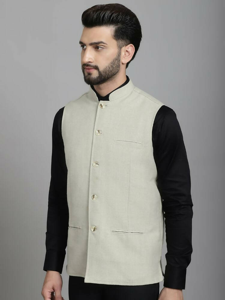 Even Apparels Self-Design Waistcoat With Welt Pockets - Beige | Swadesiicart