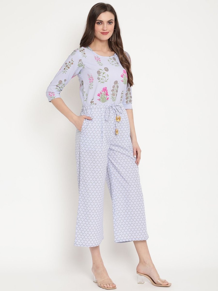 Ahalyaa Womens Blue Crepe Printed Jumpsuit | Swadesiicart