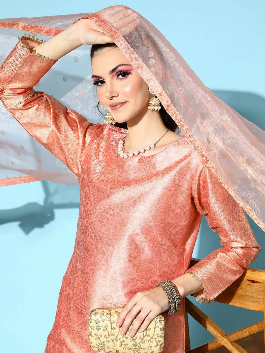Ahalyaa Women's Peach Colour Poly Silk Printed Kurta Pant Set With Dupatta | Swadesiicart