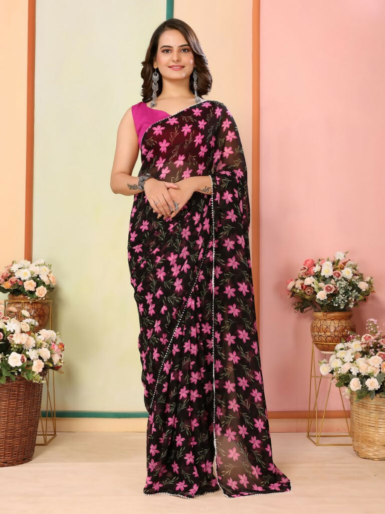 Black Georgette Designer Printed Ready To Wear Saree - Elite | Swadesiicart