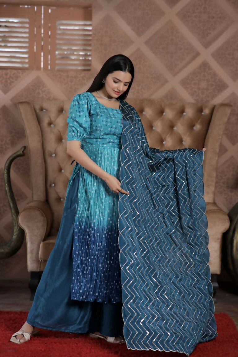 Jyoti Fashion Women's Blue Muslin Floral Print with Crush Pleating Kurta with Trouser & Dupatta | Swadesiicart