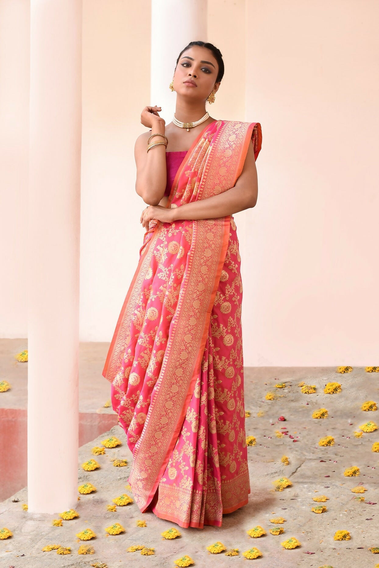 Joban Fashion Pink Peach Soft Pure Handloom Banarasi Silk Saree | Swadesiicart
