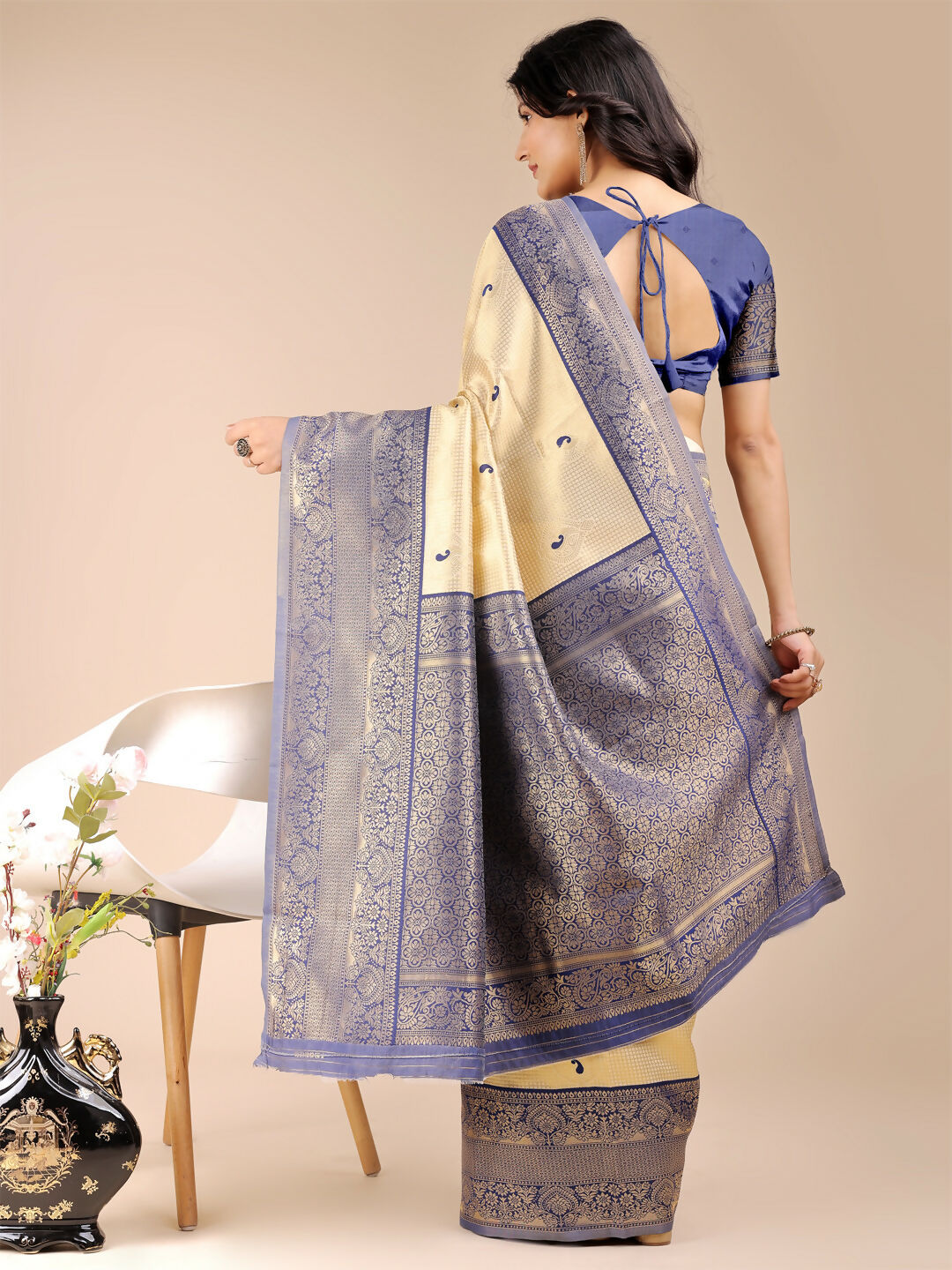 Astita Aura Silk Cream Navy Blue Banarasi Silk Saree | Swadesiicart