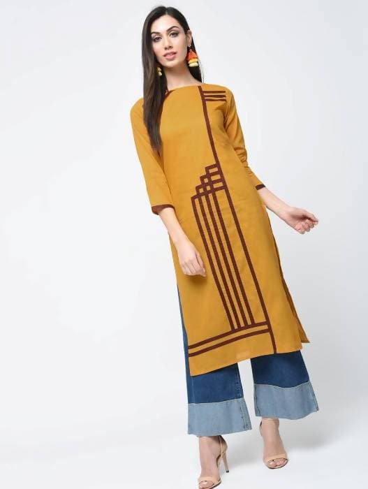 Aniyah Cotton Straight Mustard Color Kurta With Patchwork (AN-105K) - Swadesiicart