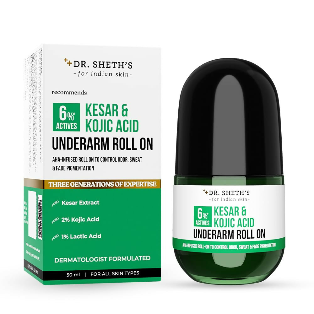 Dr. Sheth's Kesar & Kojic Acid Underarm Roll-on 6% Actives -AHA, Kojic Acid & Niacinamide, Controls Body Odor, Sweat & Fade Pigmentation - Swadesiicart