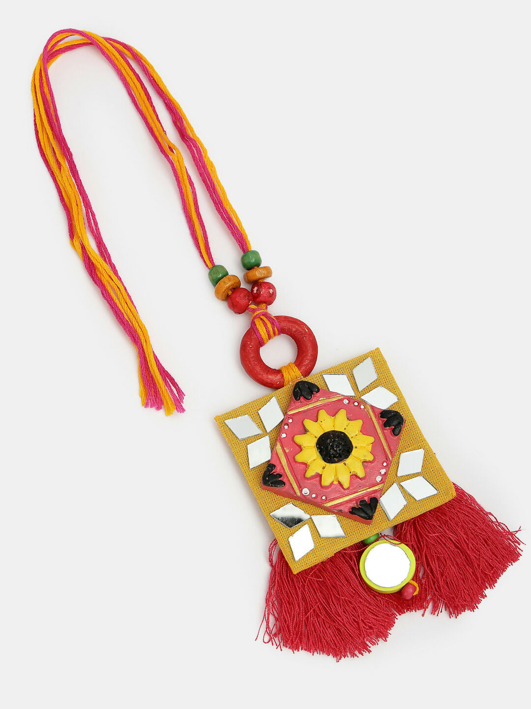 NVR Women & Men Set of 2 Red & Yellow Mirror Work Handcrafted Bhaiya Bhabi Rakhi With Roli Chawal & Chocolate | Swadesiicart