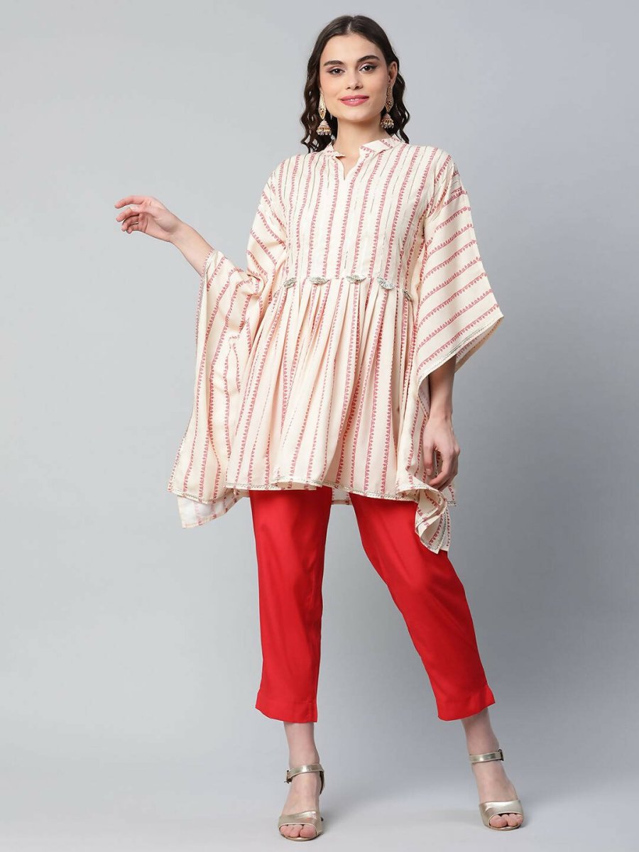 Ahalyaa Womens Off White Crepe Printed Kaftan Pant Set | Swadesiicart