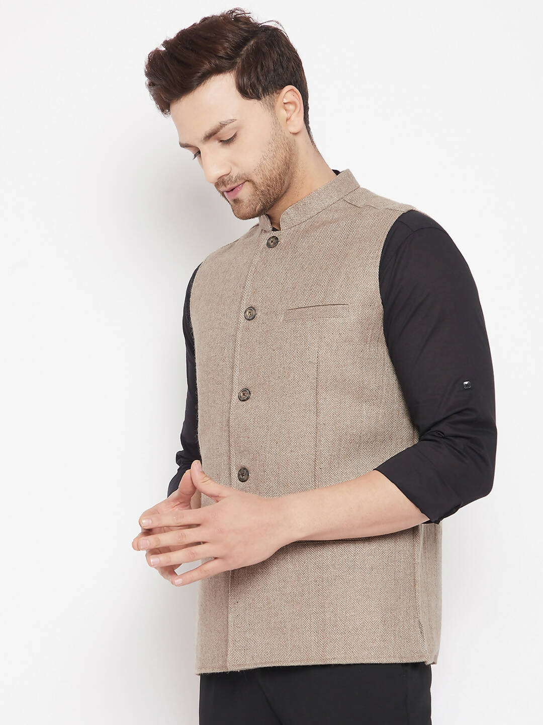 Even Apparels Beige Wool Men Woven Nehru Jacket | Swadesiicart