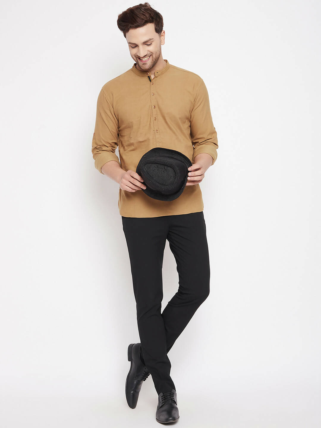 Even Apparels Beige Pure Cotton Short Men's Kurta With Band Collar | Swadesiicart