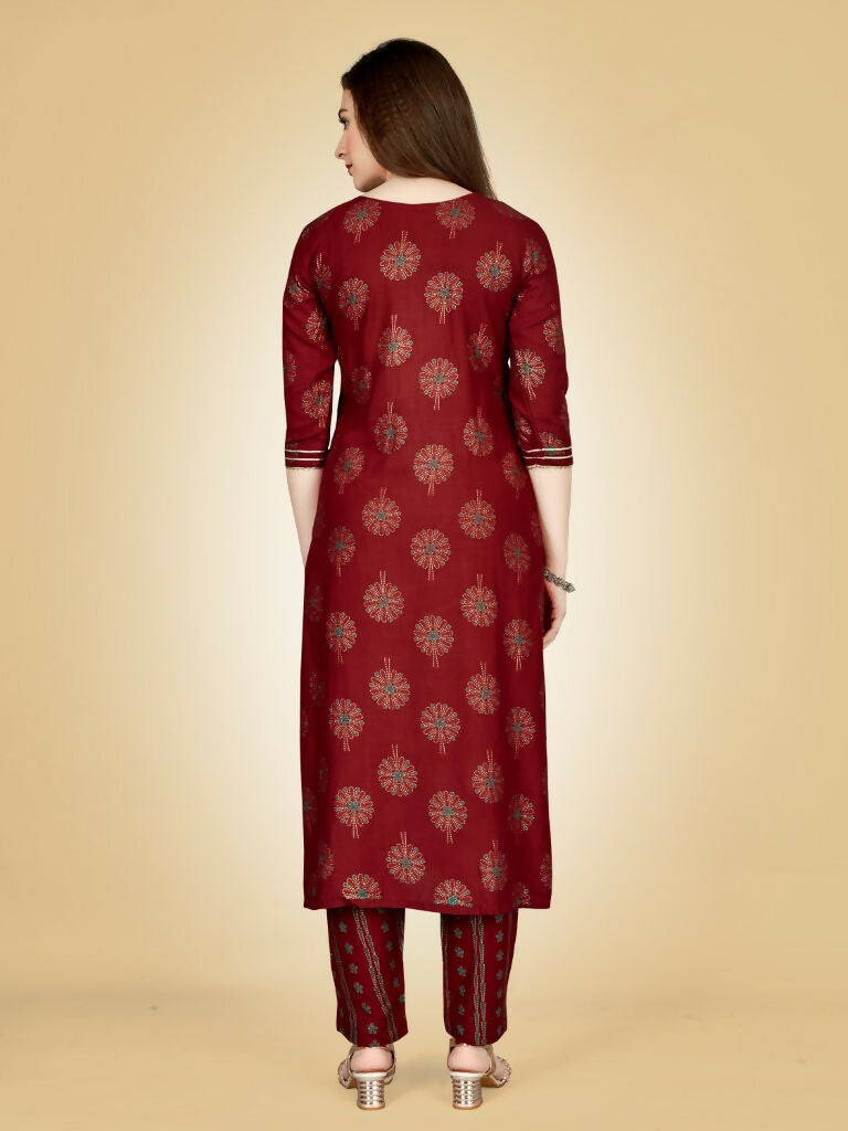 Jyoti Fashion Women's Maroon Viscose Rayon Embroidered Kurta Pant Set | Swadesiicart