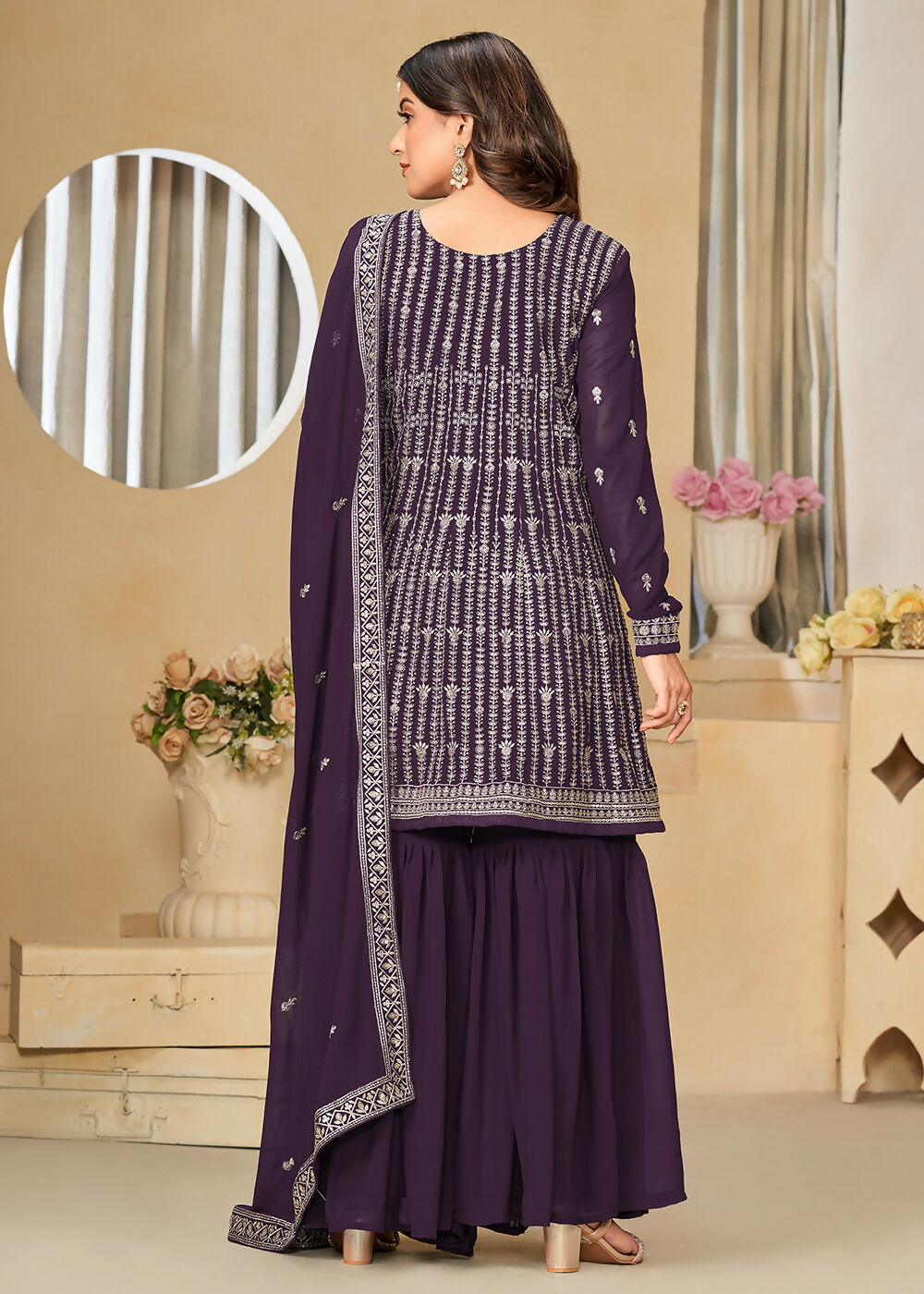 Faux Georgette Purple Embroidered Gharara Style Suit - Emponline | Swadesiicart