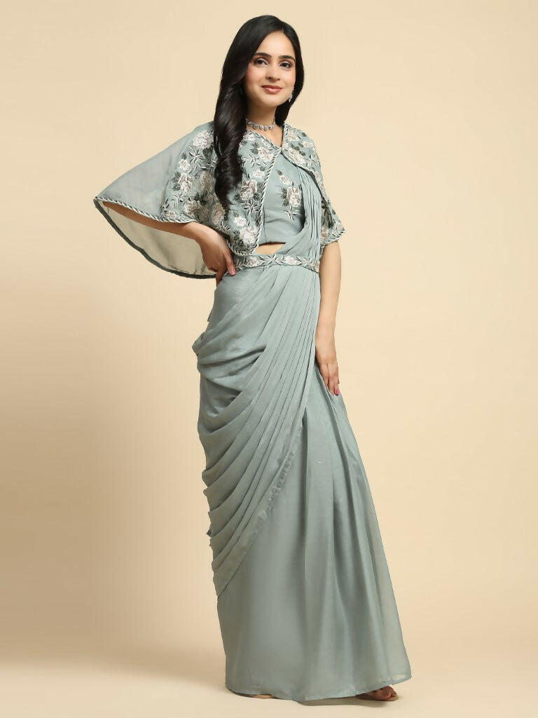 Sea Green Chiffon Solid Ready to wear Saree with stitched Blouse - Aayan | Swadesiicart