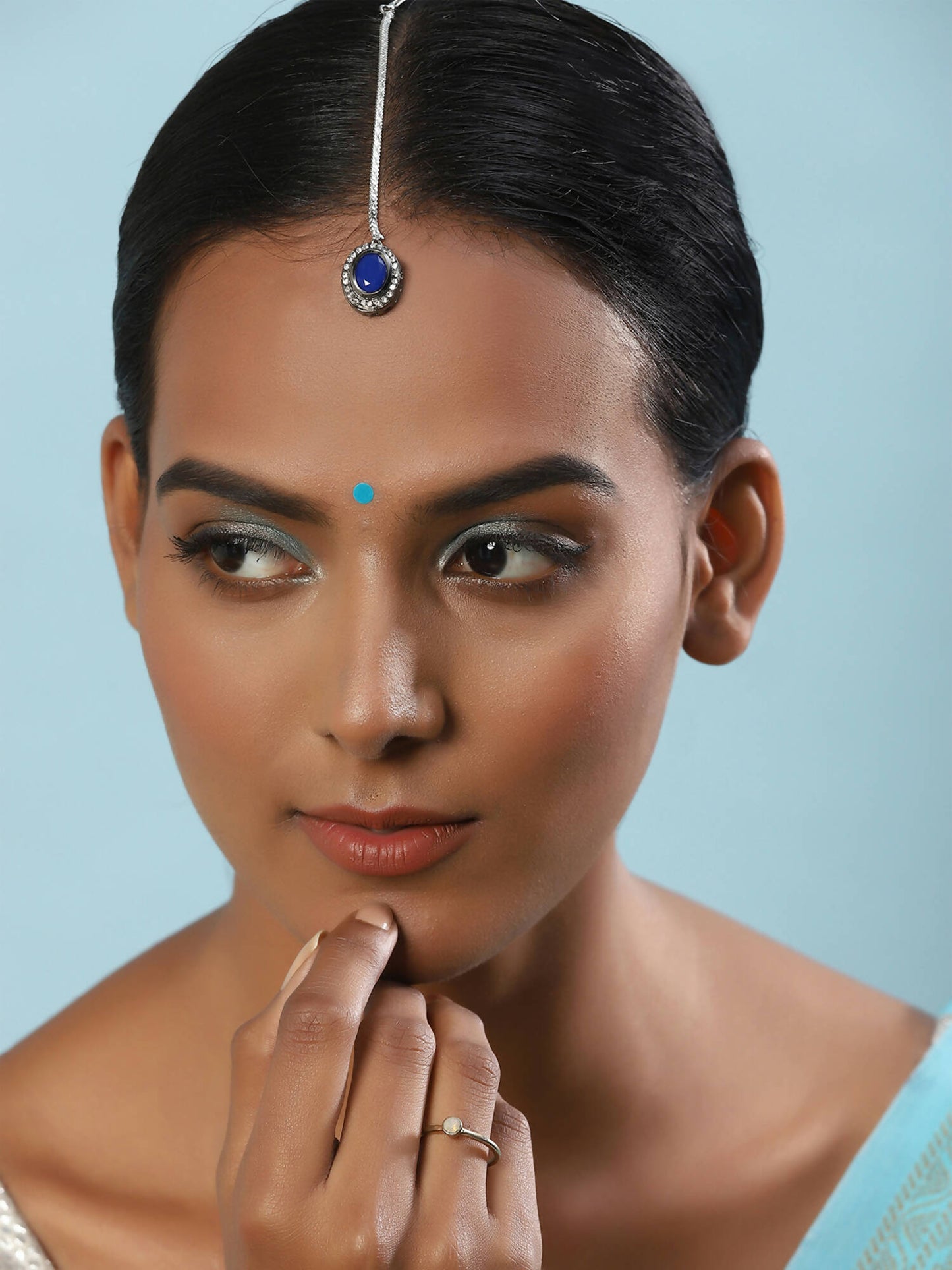 Women's Blue Silver-Toned Kundan Studded Maang Tikka - Ruby Raang | Swadesiicart