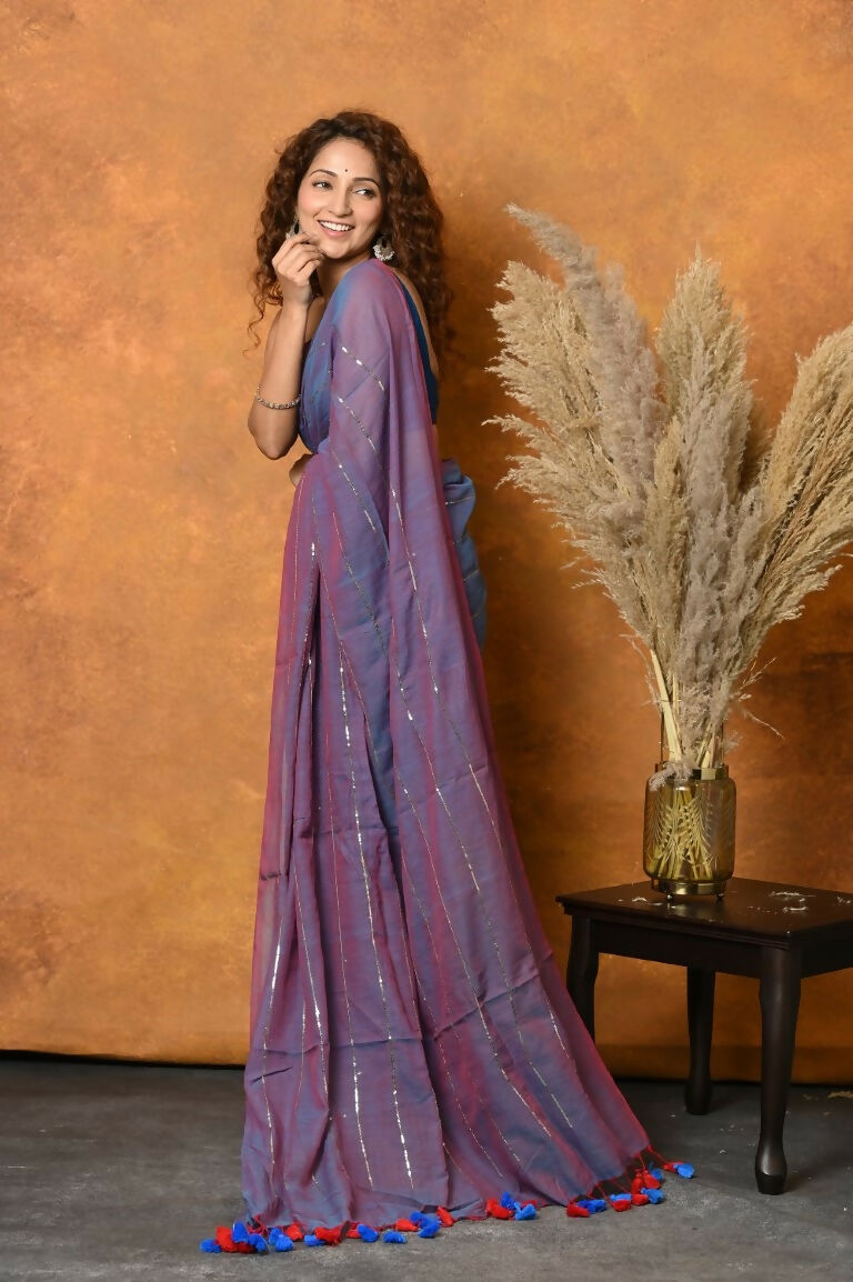 Very Much Indian Designer Mul Cotton Handloom Saree with Sequins - Purple | Swadesiicart