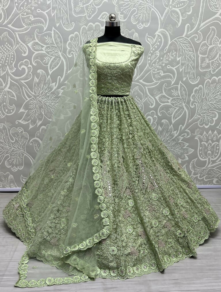 Jyoti Fashion Women's Pista Green Bridal Net Fancy Dori, Multi Thread, Hand Mirror and Diamond Work Wedding Lehenga Choli | Swadesiicart