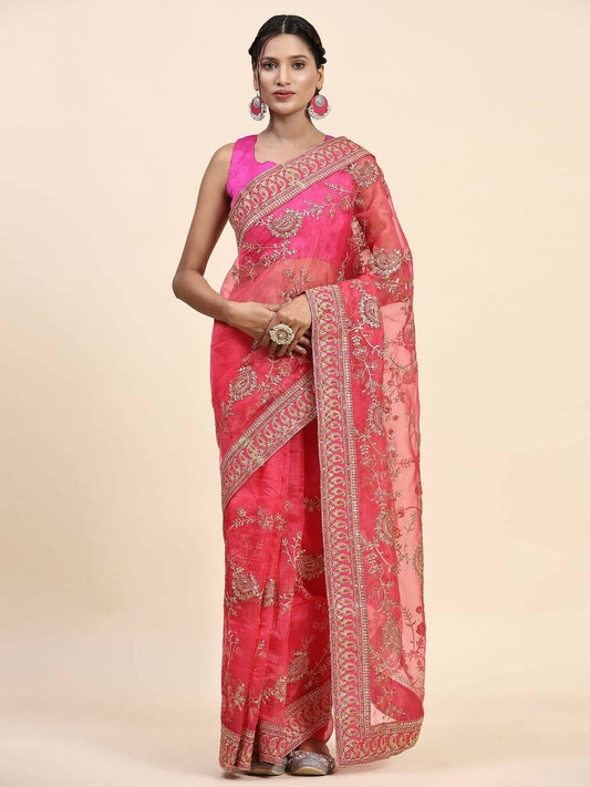 Vamsee Pink Organza Saree - Swadesiicart