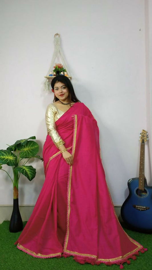 Exclusive Collection Beautiful Khadi Cotton Handloom Saree With Beautiful Zari Border - Pink - Swadesiicart