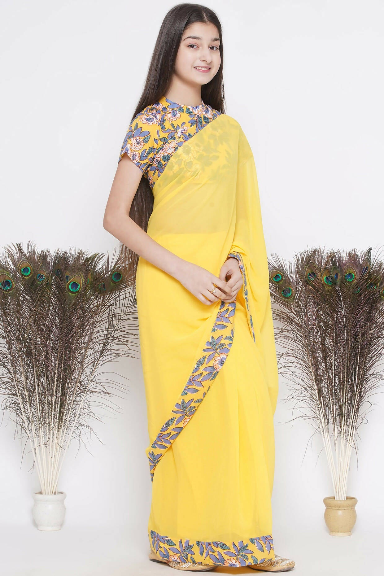 Little Bansi Floral Print Ready To Wear Saree And Floral Blouse - Yellow | Swadesiicart