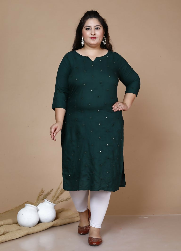 Miravan Women's Plus Size Green Embroidered Straight Kurti - Swadesiicart
