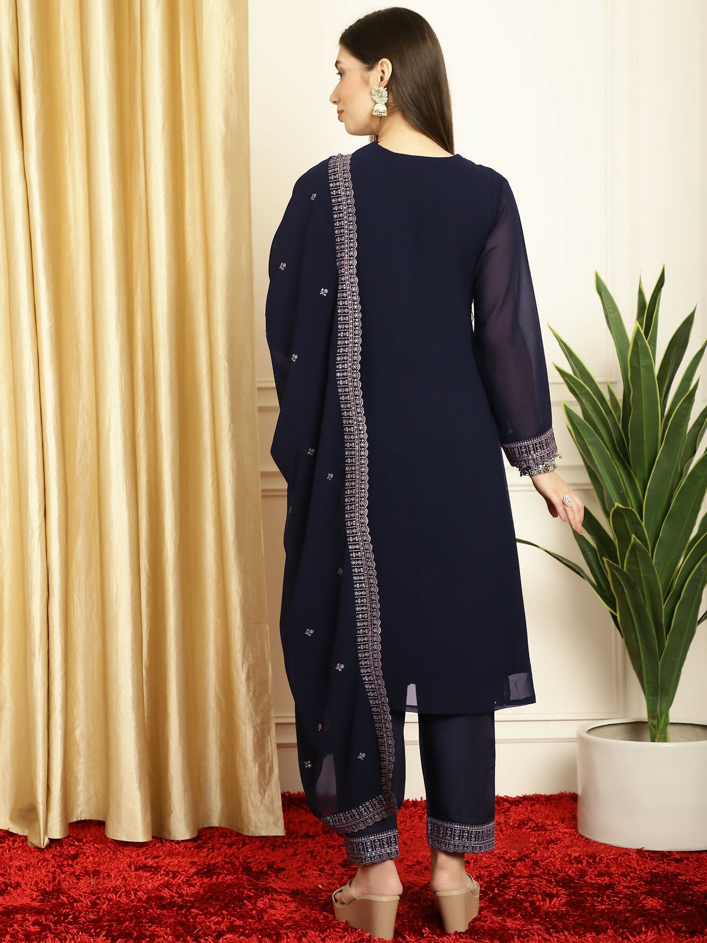 Jyoti Fashion Women's Navy Blue Georgette Resham Thread & Sequin Kurta with Trouser & Dupatta | Swadesiicart