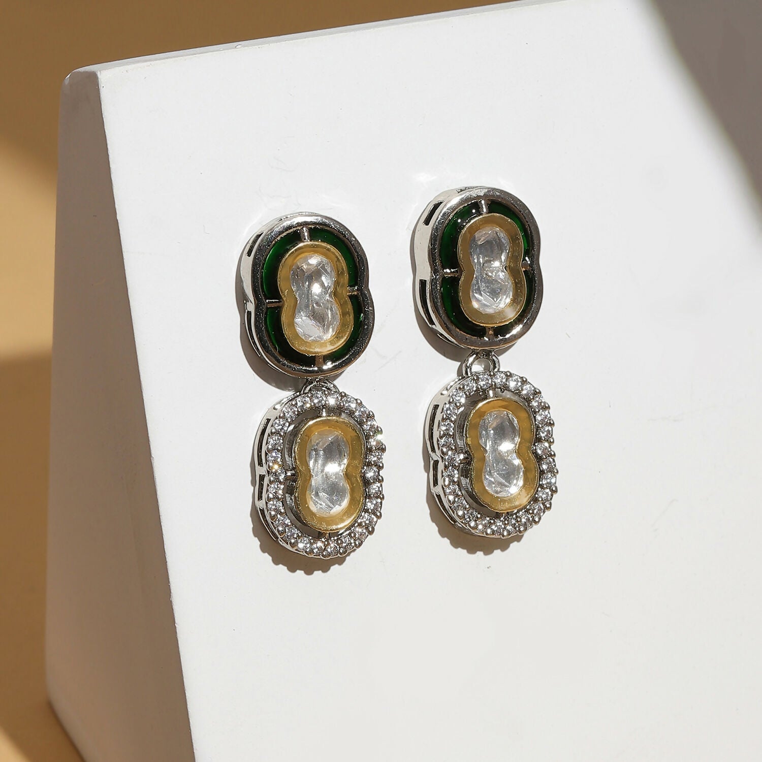 Double Mufli (peanut) Meenakari and Diamond Earrings (Silver) - Ruby Raang | Swadesiicart