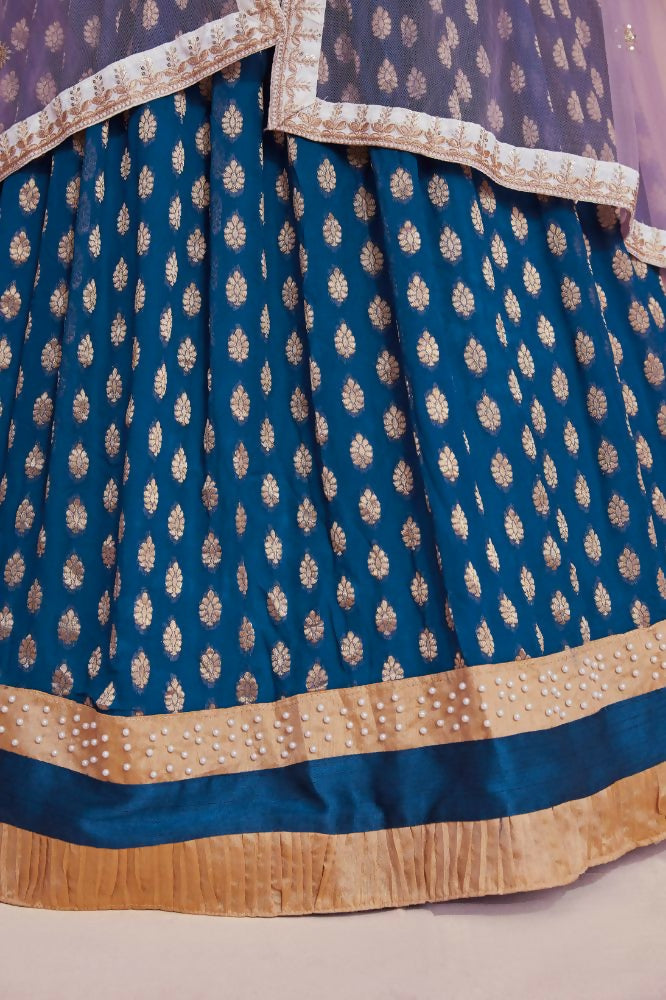 Teal Blue Zari Weaving Work Georgette Banarasi Lehenga Choli - Jihu Culture | Swadesiicart