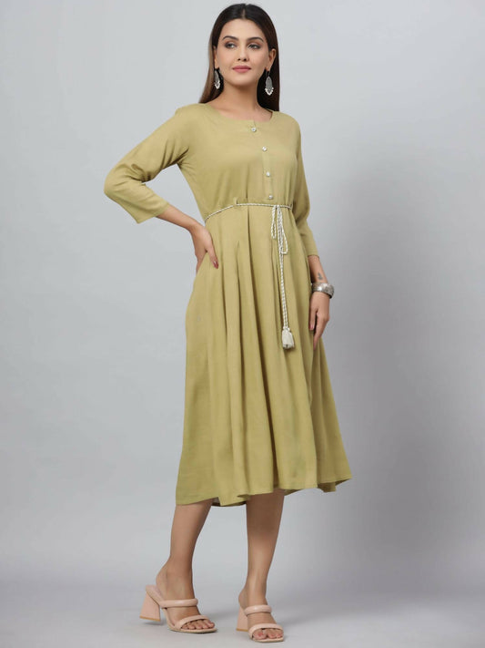 Juniper Women's Green Rayon Slub Solid Dress | Swadesiicart