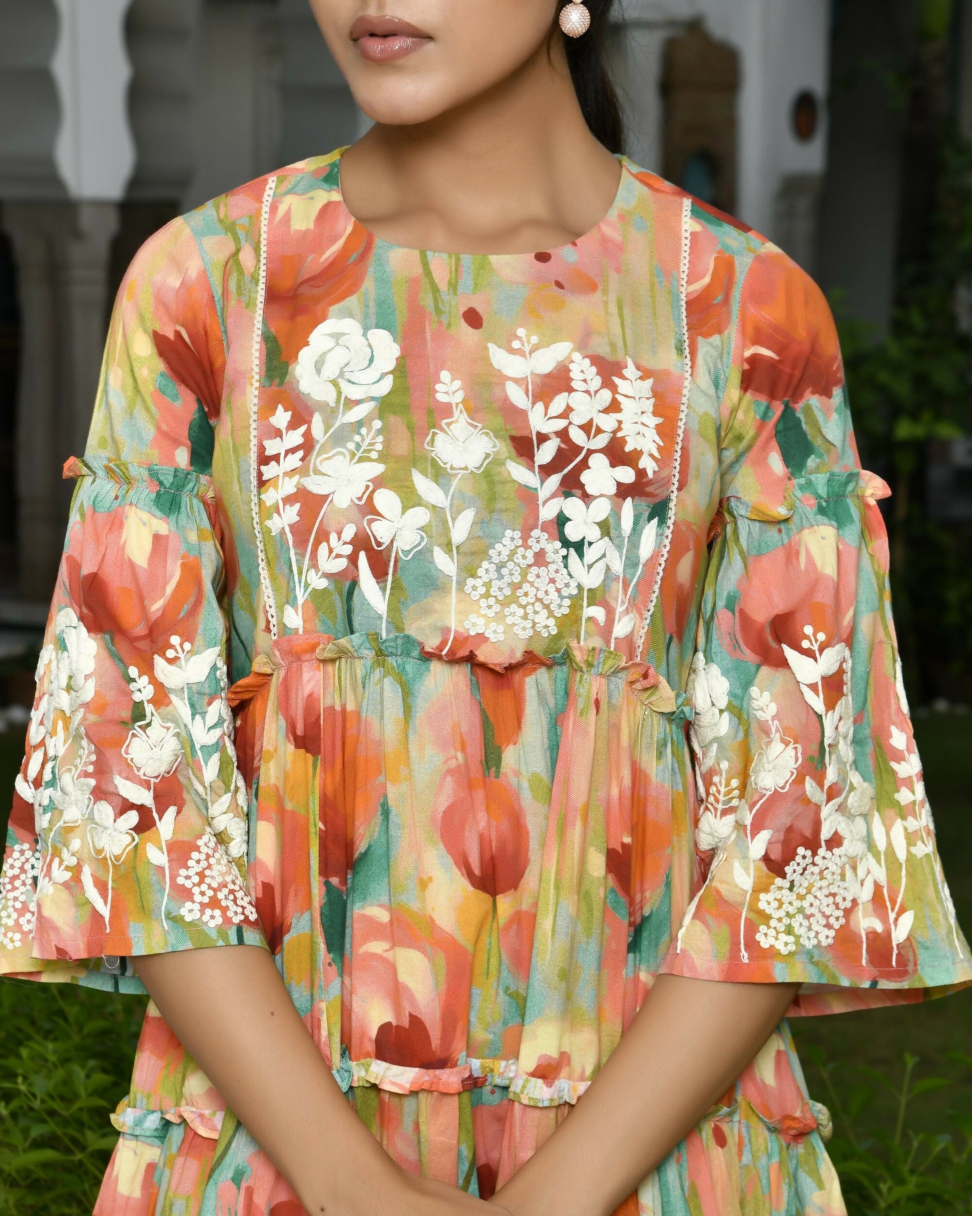 Vaasva Women's Orange Cotton Embroidered& Digital Printed Dress | Swadesiicart