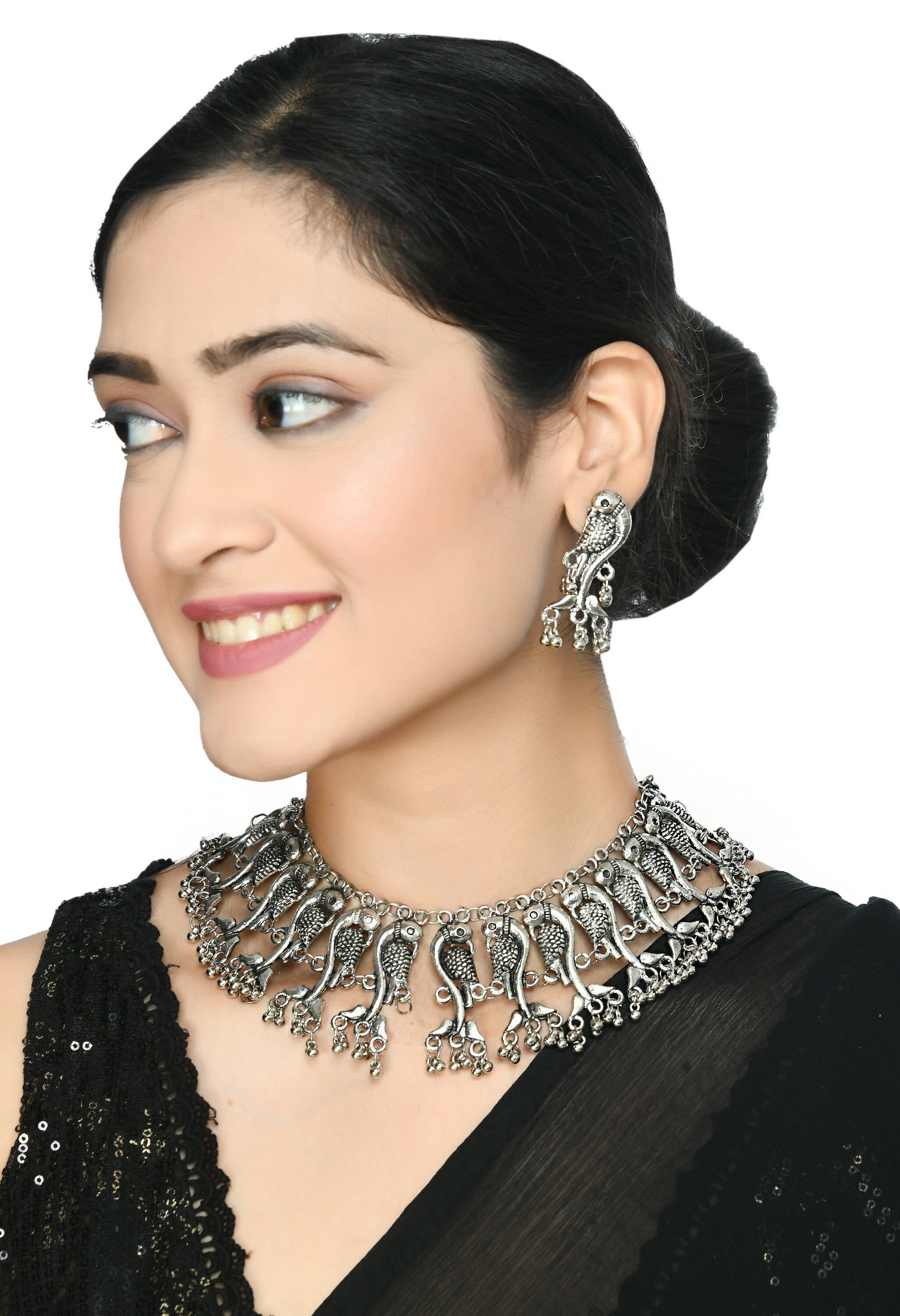 Mominos Fashion Johar Kamal Oxidised Silver-Plated Brass Finish Peacock Choker For Women (Silver) | Swadesiicart
