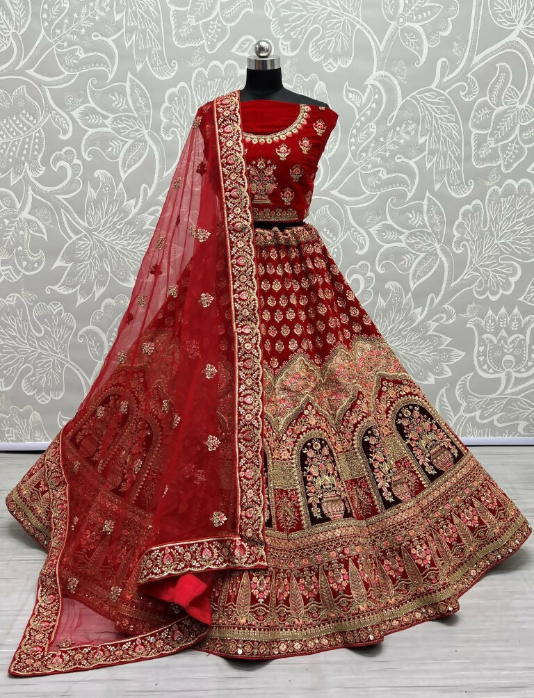 Jyoti Fashion Women's Red Velvet Multi Thread Embroidered with Zircon Diamond Wedding Lehenga Choli | Swadesiicart
