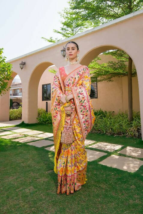 Vishnu Weaves Women's Yellow Paithani Silk Zari Woven Saree with Unstitched Blouse - Swadesiicart