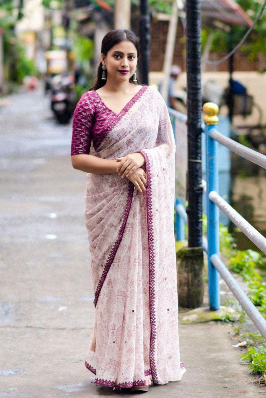 Purple Pure Georgette Warli Saree with Unstitched Blouse - Hiral Fashion | Swadesiicart