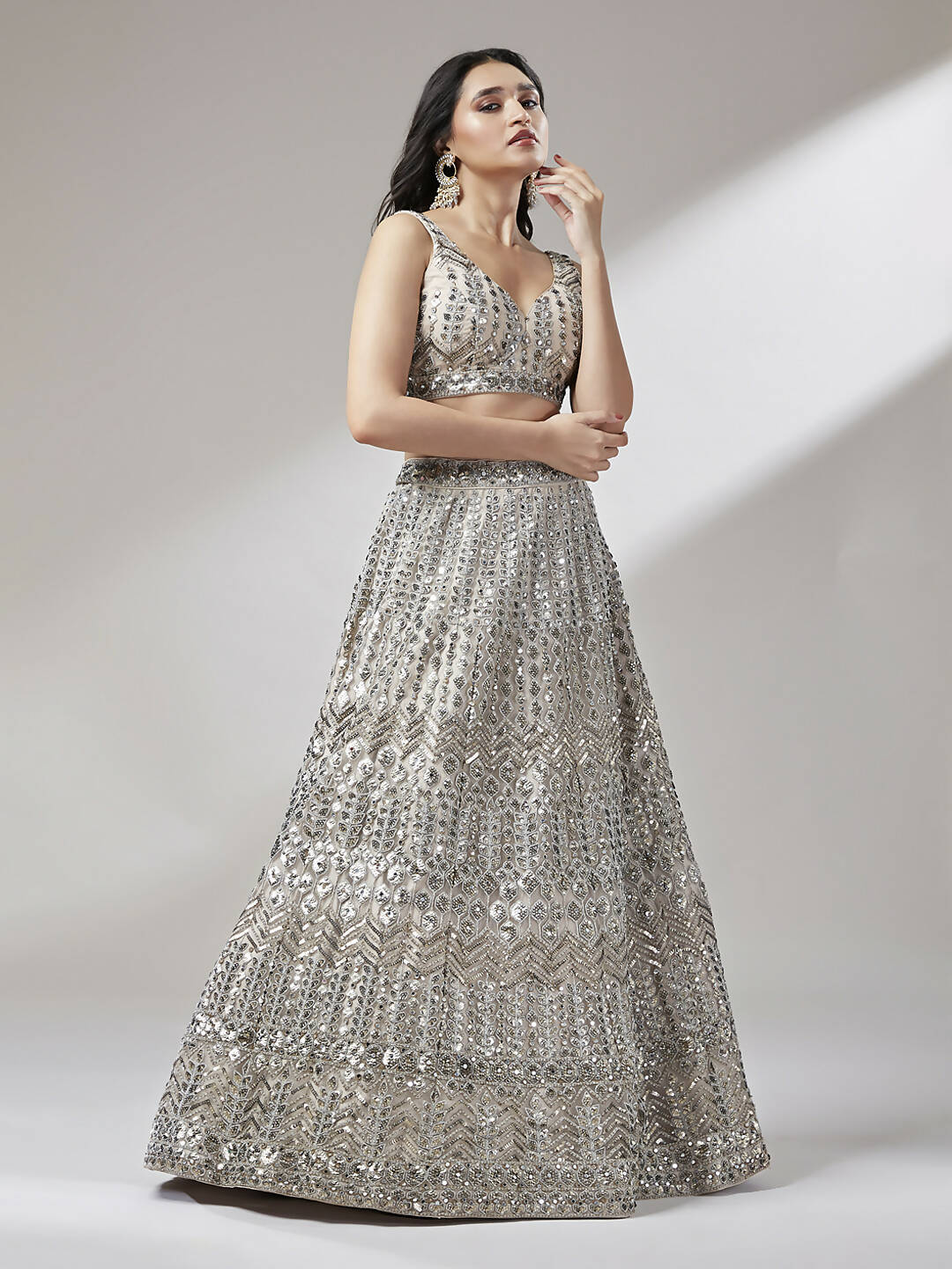 House of Panchhi Beige - Net Mirror & Sequins Embroiderey Lehenga choli | Swadesiicart