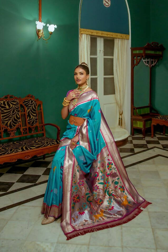 Vishnu Weaves Women's Teal Paithani Silk Zari Woven Saree with Unstitched Blouse - Swadesiicart