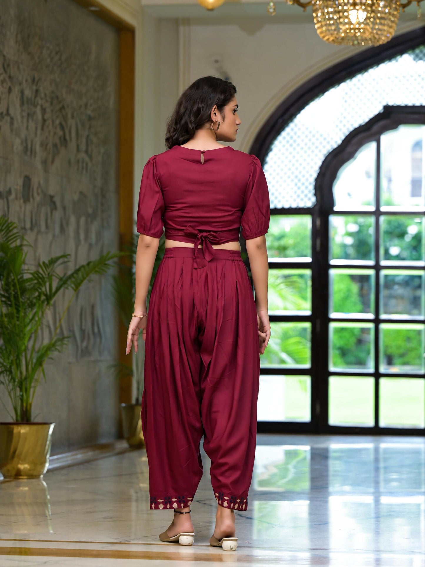 Juniper Women's Rust Thread Embroidered Rayon Top & Dhoti Pant Set - Swadesiicart