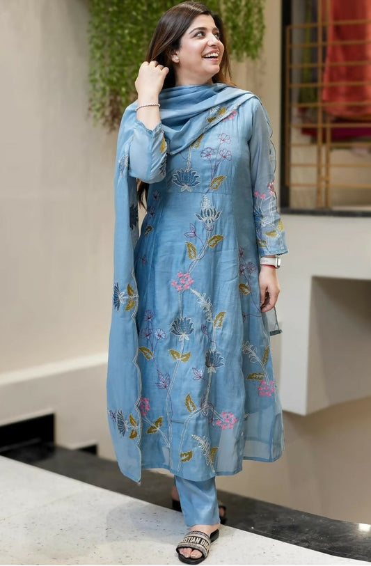 The52 Blue Women's Beautiful Cotton Fabric Thread Work Straight Kurta, Pant and Dupatta Set - Swadesiicart