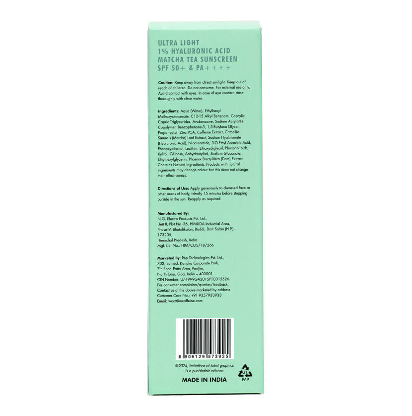 mCaffeine Sun Fix Ultra Light 1% Hyaluronic Acid Matcha Tea Sunscreen SPF 50+ PA++++ | Swadesiicart