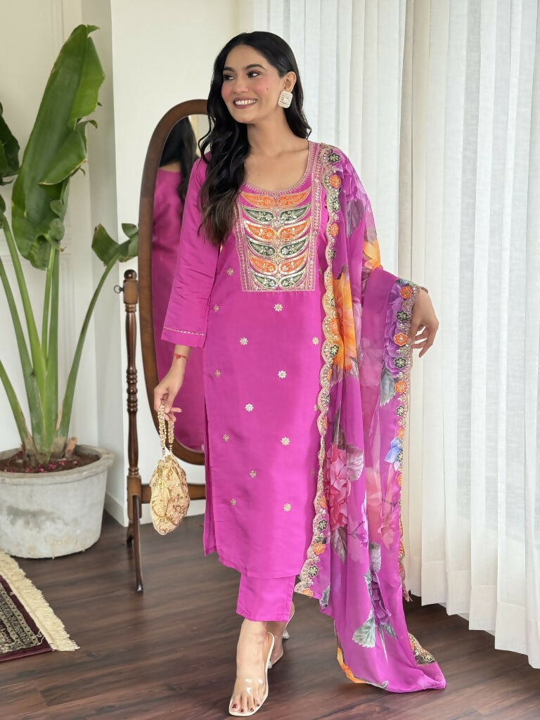 Light purple Viscose Chanderi Stitched Suit With Dupatta - Tanisha | Swadesiicart
