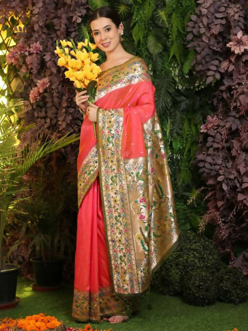 Vishnu Weaves Women's Gajri Paithani Silk Zari Woven Saree with Unstitched Blouse - Swadesiicart