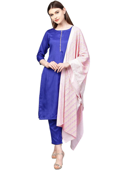 Ahalyaa Women's Royal Blue Poly Silk Solid Salwar Suit with Dupatta | Swadesiicart