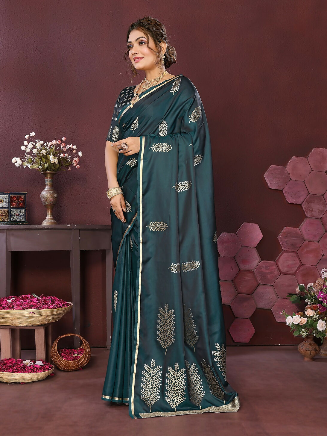 Joban Fashion Teal Floral Motifs Banarasi Silk Sarees | Swadesiicart
