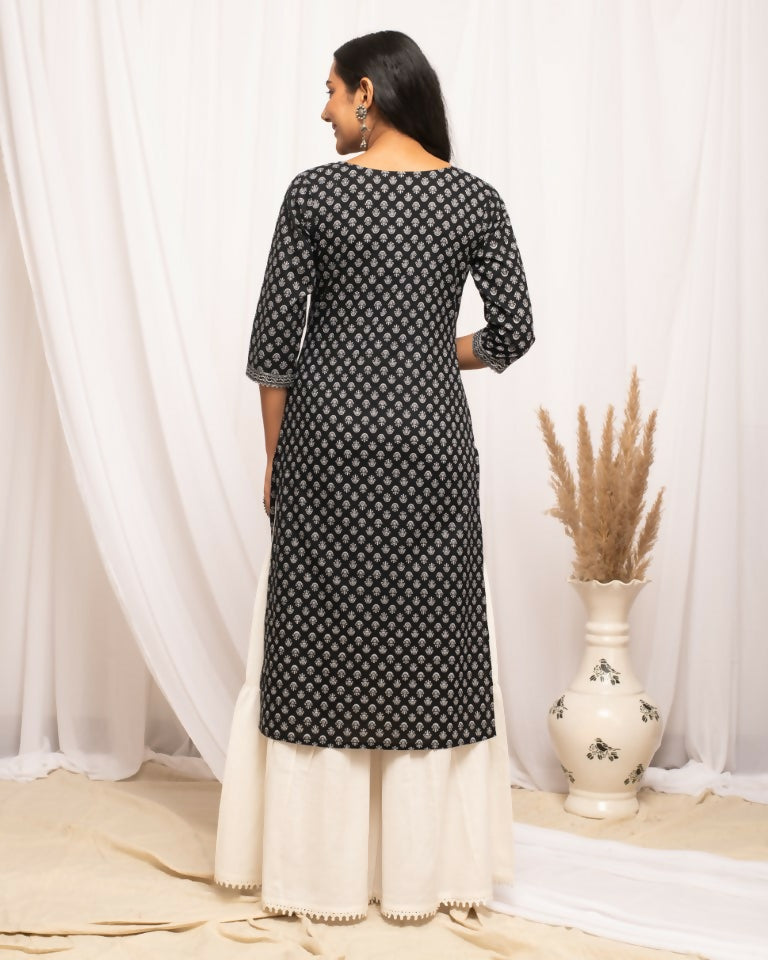 FIORRA Women's Floral Printed Black Cotton Straight Kurta - Swadesiicart