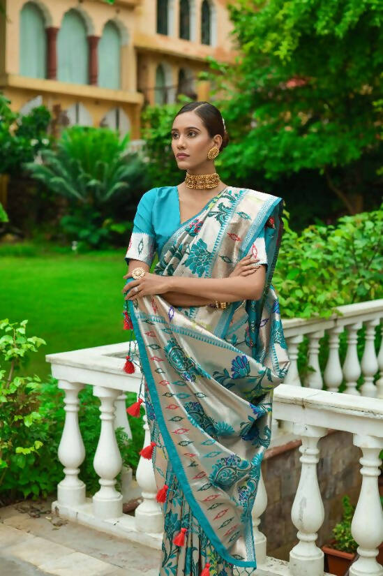 Vishnu Weaves Women's Rama Paithani Silk Zari Woven Saree with Unstitched Blouse - Swadesiicart