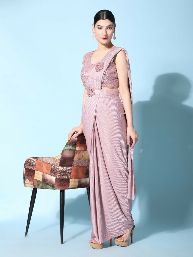 Pink Imported Crush Lycra Texture Pattern Ready to Wear Saree with stitched Blouse - Nirvana | Swadesiicart