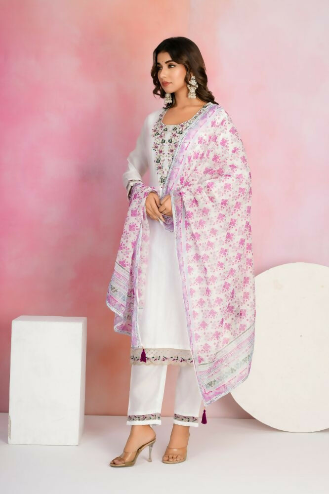 Ethnic Festive Wear Viscose Chanderi White Stitched Suit With Dupatta - Tanisha | Swadesiicart