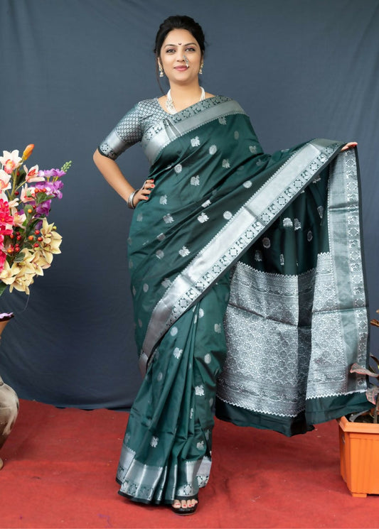 Jyoti Fashion Women's Bottle Green Soft Banarasi Silk Zari Woven Saree with Blouse | Swadesiicart