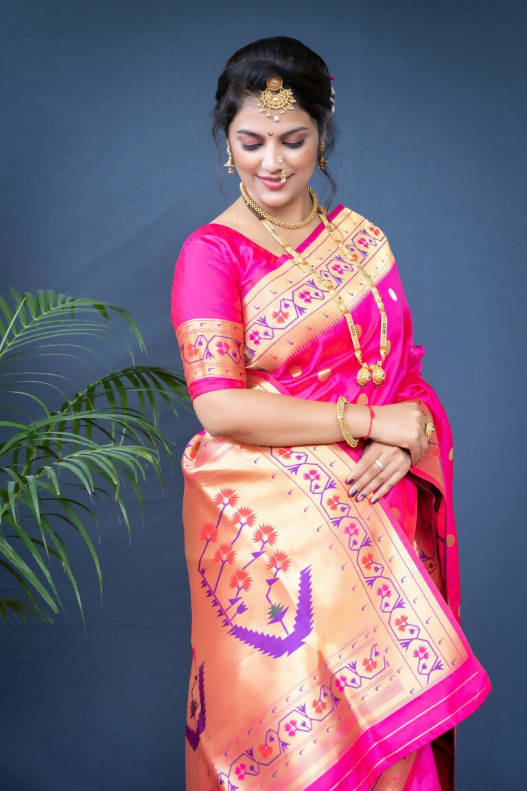 Jyoti Fashion Women's Pink Paithani Silk Zari Woven Saree with Blouse | Swadesiicart
